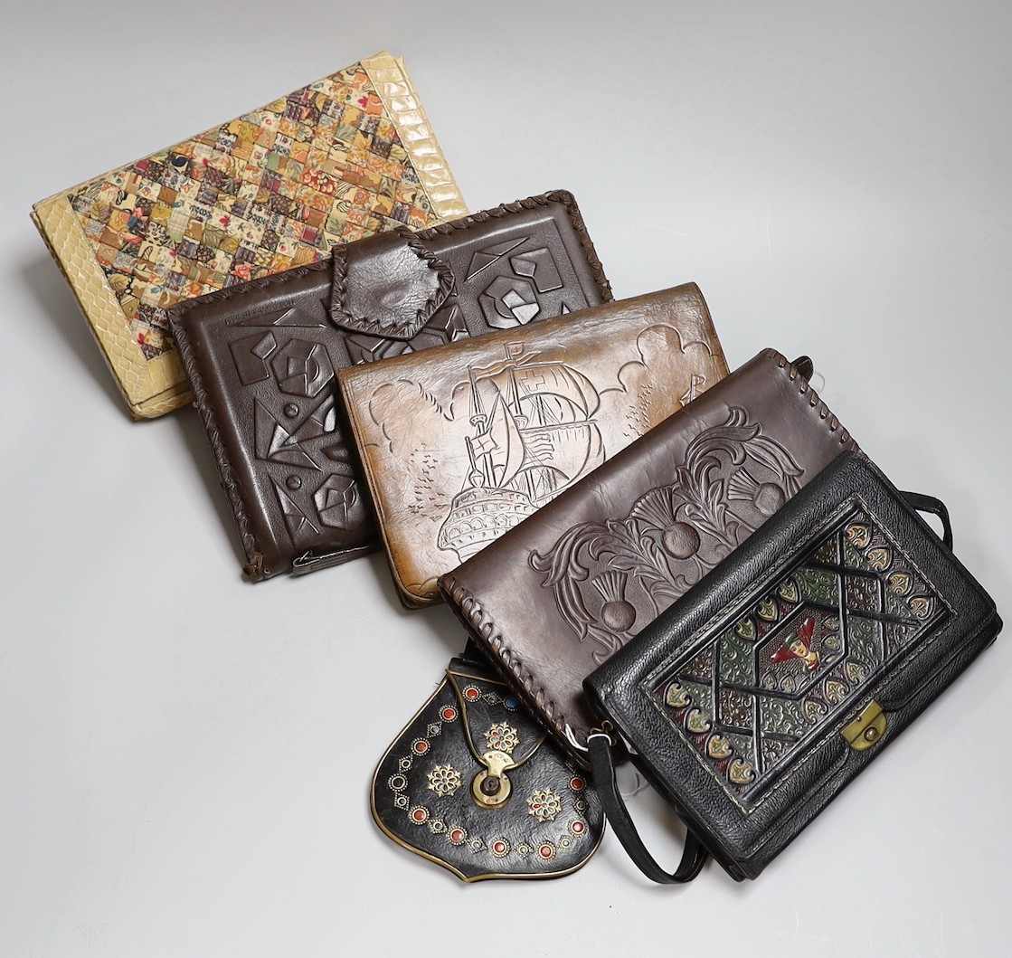 A small collection of unusual stained leather and a patchwork fabric and snake skin clutch bag (6)